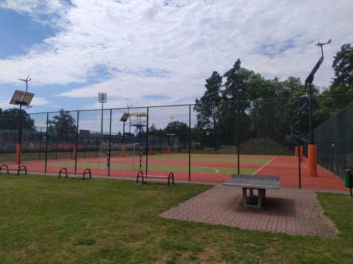 einen Park mit einer Bank auf einem Tennisplatz in der Unterkunft "Chatki Nad Zalewem" Kluczbork in Ligota Zamecka