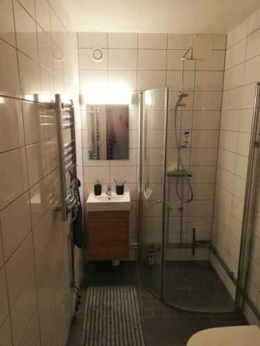 a bathroom with a shower and a sink and a shower at SB Studio in Malmö