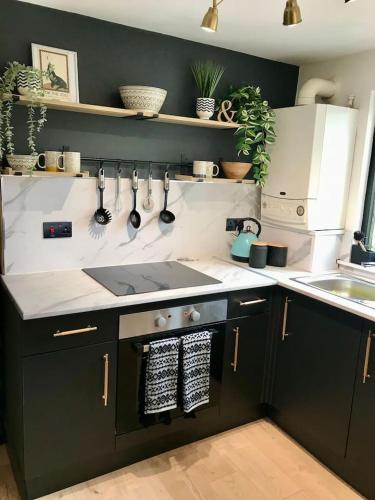 a kitchen with green cabinets and a stove top oven at THE MORNINGSIDE APARTMENT Charming stylish apartment in the centre of Innerleithen in Innerleithen