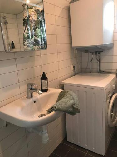 a bathroom with a sink and a washing machine at Boende nära havet in Varberg