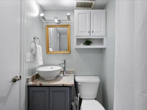 een badkamer met een wastafel, een toilet en een spiegel bij Studio steps to Soccer and OTR and Downtown in Cincinnati