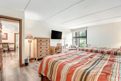 a bedroom with a bed and a desk and a television at Mountain Plaza Base Camp in Copper Mountain