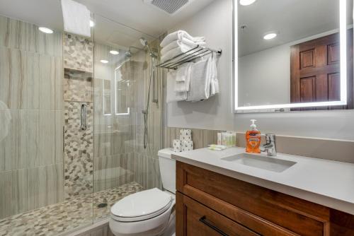 a bathroom with a shower and a toilet and a sink at Mountain Plaza Base Camp in Copper Mountain