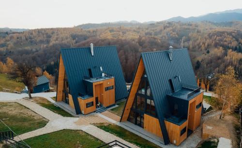 an aerial view of two houses with blue roofs at Amont Chalet in Peştera