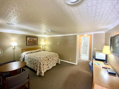 Schlafzimmer mit einem Bett, einem Schreibtisch und einem TV in der Unterkunft Greybull Motel in Greybull