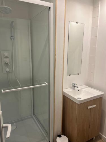 a bathroom with a shower and a sink at Au doux refuge 