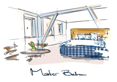 an illustration of a master bedroom with a bed at Villa Maison Eveline mit Privat Spa - chez Douverne in Sommerach