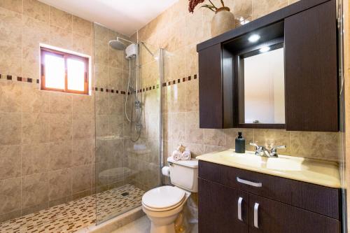een badkamer met een toilet, een wastafel en een douche bij Felicidad 30 in Oranjestad