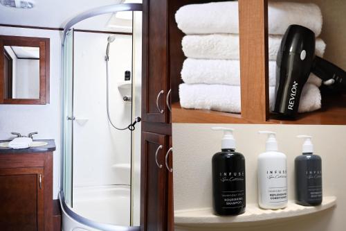 a bathroom with a shower and some towels at Bay View Glamping in Bolivar Peninsula