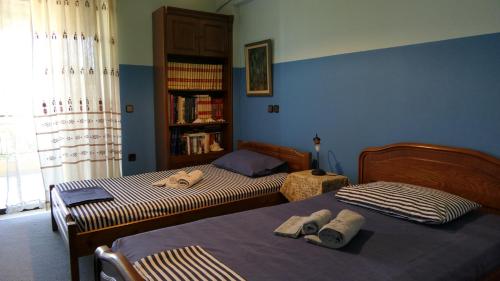 1 dormitorio con 2 camas y estante para libros en Ioanna's Elegant Residence, Agia Paraskevi, en Atenas
