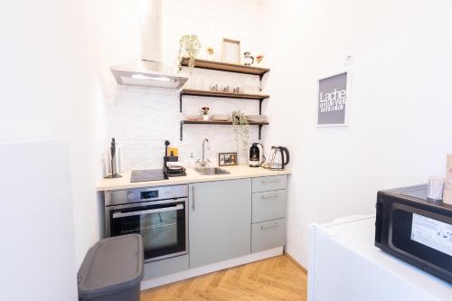 a kitchen with a sink and a stove at 10 min walk to Schonbrunn l Deluxe Suite in Vienna