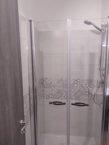 een douche met een glazen deur in de badkamer bij Da Riccardo in Jerzu
