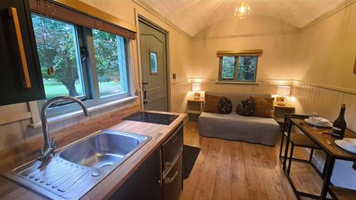 uma cozinha com um lavatório e uma sala de estar com um sofá em Horsley Hale Farm Glamping em Ely