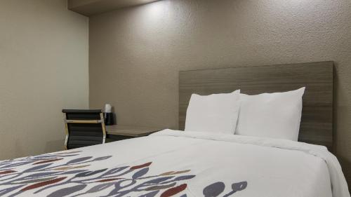 a hotel room with a bed and a chair at Red Roof Inn and Conference Center Chicago - N Aurora Naperville in North Aurora