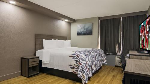 Habitación de hotel con cama y TV de pantalla plana. en Red Roof Inn Chicago - N Aurora-Naperville, en North Aurora