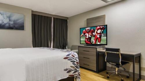 a bedroom with a bed and a desk and a tv at Red Roof Inn and Conference Center Chicago - N Aurora Naperville in North Aurora