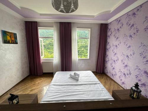 a bedroom with a bed and two windows at Daiana's home in Gegelidzeebi