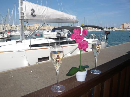 two glasses of wine and a flower on a table at Hôtel Port Beach in Gruissan