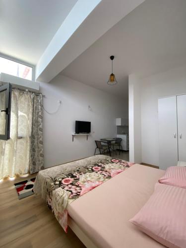 een slaapkamer met een groot bed en een televisie bij Leli Apartments in Ulcinj