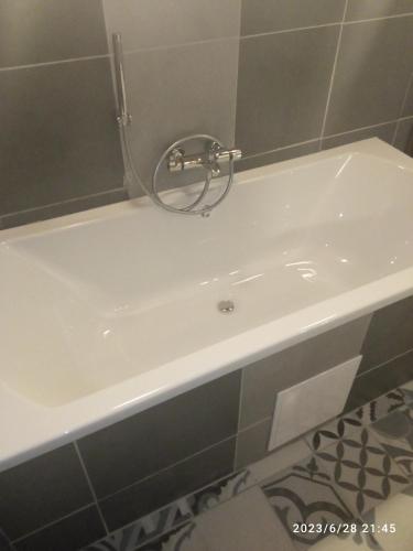 a bath tub with a faucet on top of it at Dependance du Moulin Galuzot in Saint-Vallier
