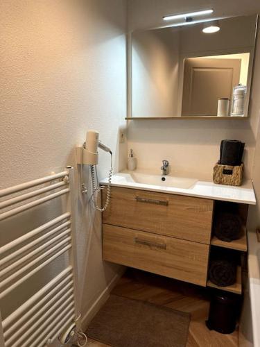 une salle de bain avec un lavabo et un miroir dans l'établissement Appartement cosy avec balcon et piscine, à Besançon