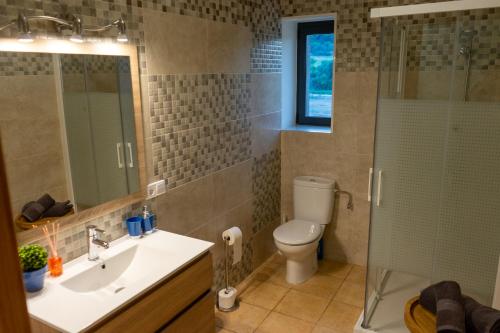 a bathroom with a toilet and a sink and a shower at Cal Ganyada, Casa Rural Cardona in Cardona