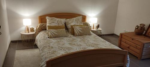 um quarto com uma cama grande com almofadas e 2 candeeiros em La petite ligérienne em Villebernier