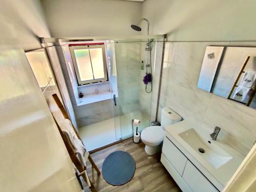 een badkamer met een douche, een toilet en een wastafel bij Labrugia Villa Domus Casa 1 in Codeçal