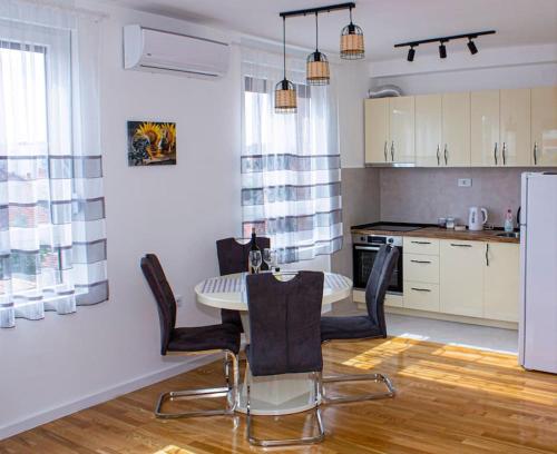 une cuisine avec une table et des chaises dans une pièce dans l'établissement Sunflower apartment, à Niš