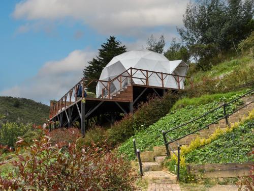 an igloo house on a hill with stairs at Golden Glamping in Guatavita