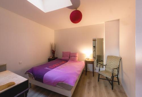 um quarto com uma cama com um edredão roxo em Loft Berriat/Ampère em Grenoble