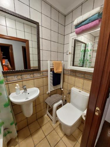 ein Badezimmer mit einem WC, einem Waschbecken und einem Spiegel in der Unterkunft Excepcionales vistas en Gorliz in Górliz-Elexalde