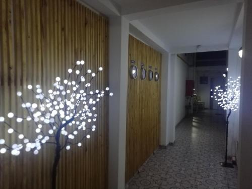 Un pasillo con un árbol con luces. en InTown Apart Santa Cruz, en Santa Cruz