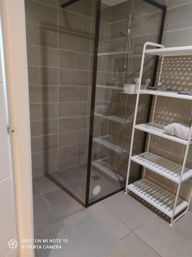 d'une douche avec une porte en verre à côté d'une salle de bains. dans l'établissement Villa Angela, à Nice