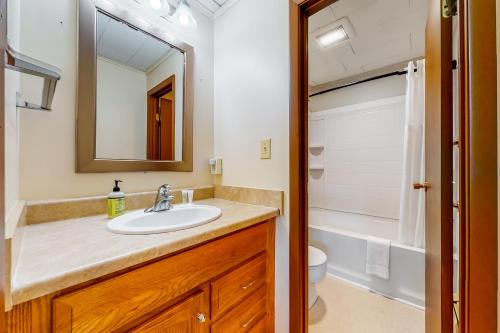 a bathroom with a sink and a toilet and a mirror at Riverbank Connecting Rooms 3 & 5 in Lincoln