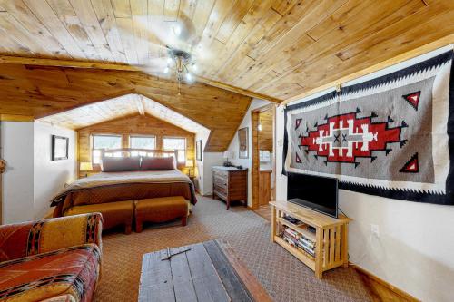 a bedroom with a bed and a tv in a room at The Dragonfly in South Fork