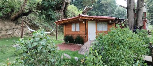 a small wooden cabin in the middle of a garden at Cabaña del Río in San Pedro Atlapulco