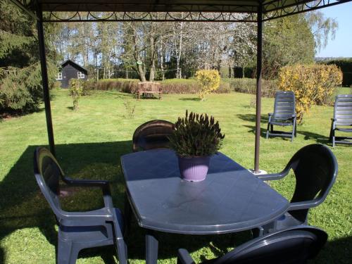 Pleasant Holiday Home in Froidchapelle with Garden في سيرفونتين: طاولة زرقاء مع كراسي وزرع الفخار عليها