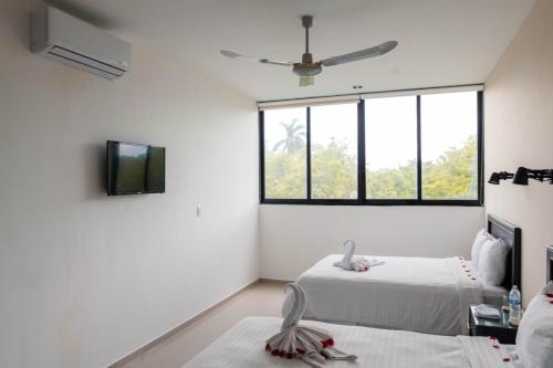a hospital room with two beds and a tv at Hotel & Suites Yuca Ville Siglo XXI in Mérida