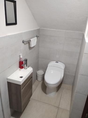 a white bathroom with a toilet and a sink at Departamento México in Tampico