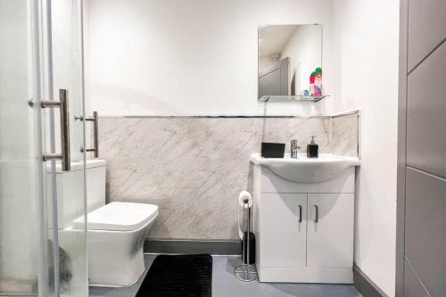 biała łazienka z toaletą i umywalką w obiekcie Apartment in city centre Leicester w mieście Leicester