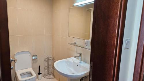 a small bathroom with a sink and a toilet at Nice Al Marjan studio in Ras al Khaimah
