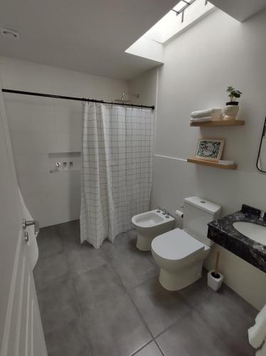 聖羅莎的住宿－Los Deptos de Alvear，白色的浴室设有卫生间和水槽。