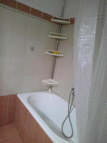 a bath tub with a shower curtain in a bathroom at Konstantinos Apartmend Chalkidiki in Sozopoli