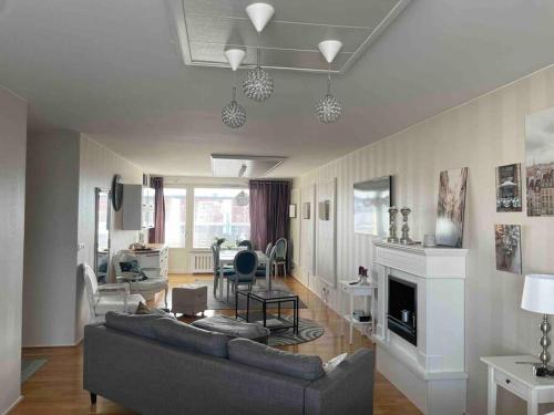 托爾尼奧的住宿－Luxury 2-3BR Tornio city Apparment，带沙发和壁炉的客厅