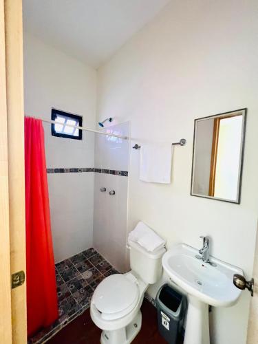 a bathroom with a white toilet and a sink at Casa Alcalde Alojamiento centro Guadalajara in Guadalajara