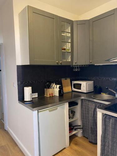 La cuisine est équipée de placards gris et d'un four micro-ondes blanc. dans l'établissement Studio moderne avec vue mer - Pietranera - Proche Bastia, à Pietranera