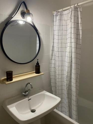 La salle de bains est pourvue d'un lavabo, d'un miroir et d'un rideau de douche. dans l'établissement Studio moderne avec vue mer - Pietranera - Proche Bastia, à Pietranera