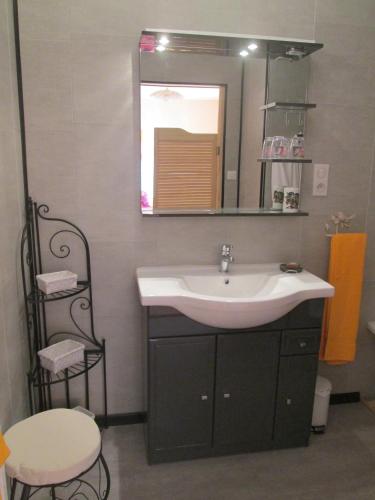 une salle de bain avec un lavabo et un miroir dans l'établissement Domaine du Val de Soux, à Montgaillard-de-Salies