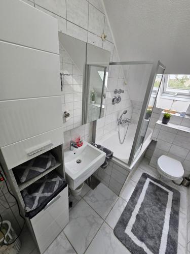 uma casa de banho com um lavatório, um chuveiro e um WC. em Exklusives und helles Dachgeschoss-Apartment No 1 im Zentrum von Kassel, schnelles 1Gbit Internet, Geschirrspüler, Boxspringbetten em Kassel